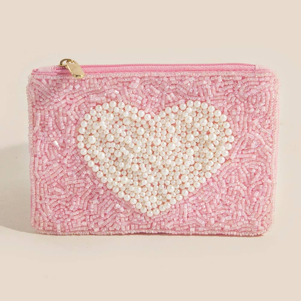 Handmade Pearl Heart Seed Beaded Coin Purse