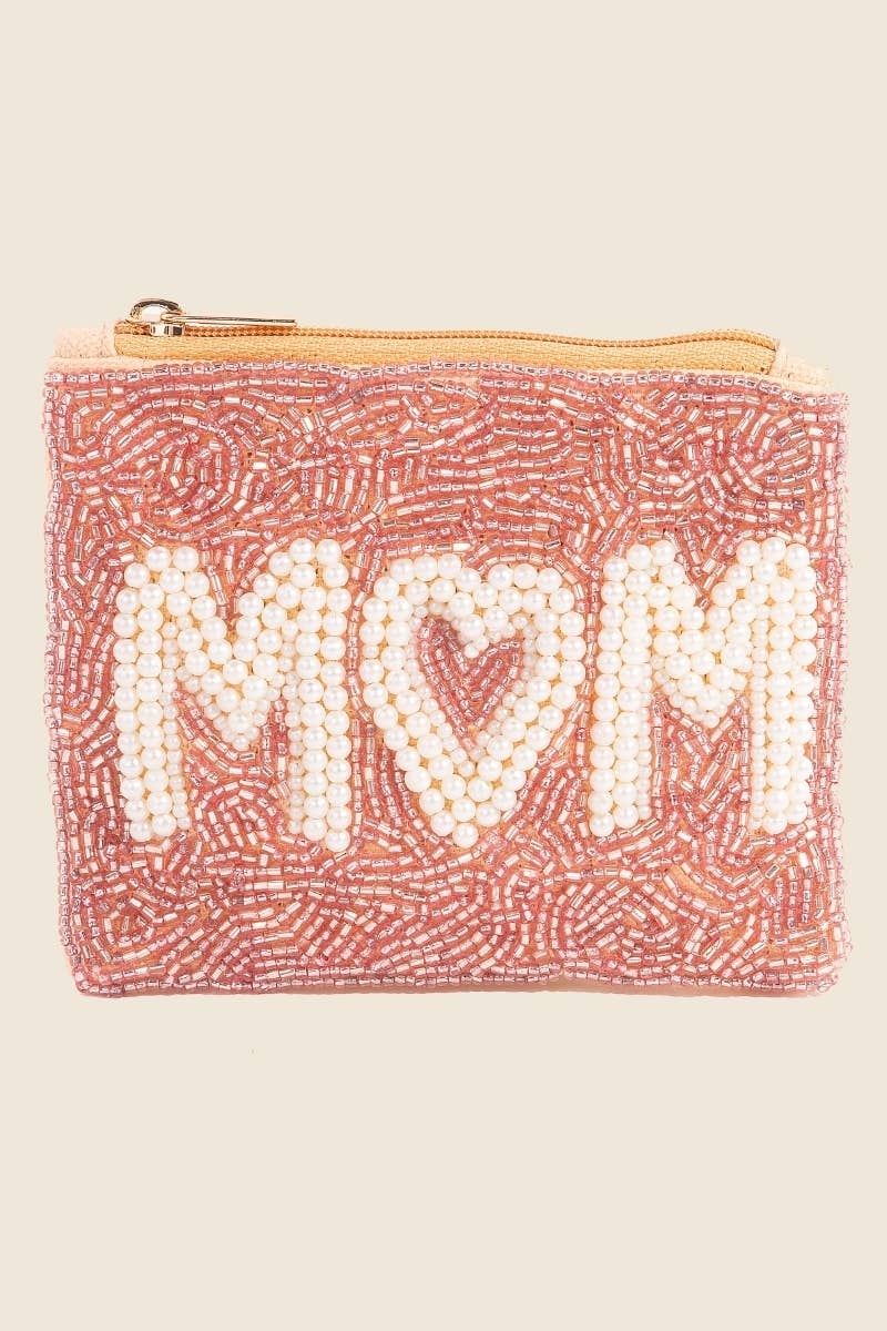 Handmade Seed Beaded MOM Coin Purse in Pink