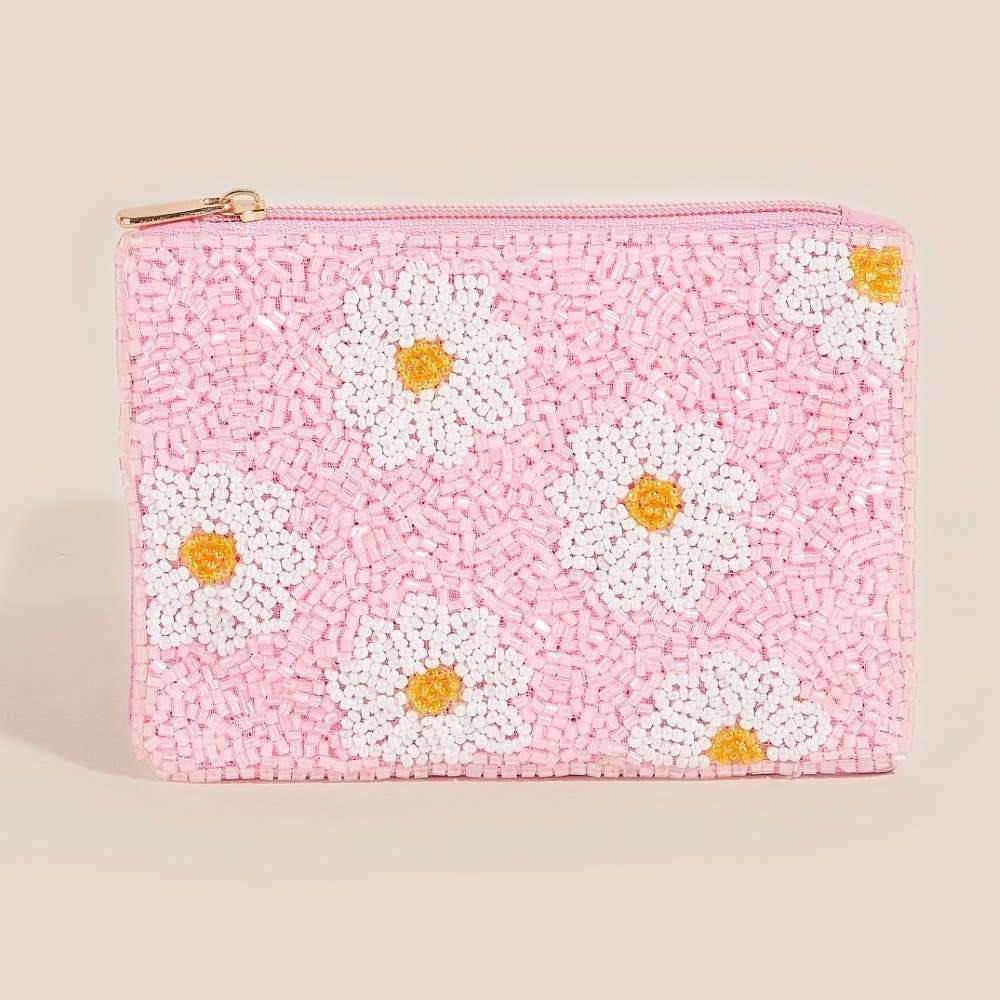 Handmade Daisy Flowers Pink Seed Beaded Coin Purse
