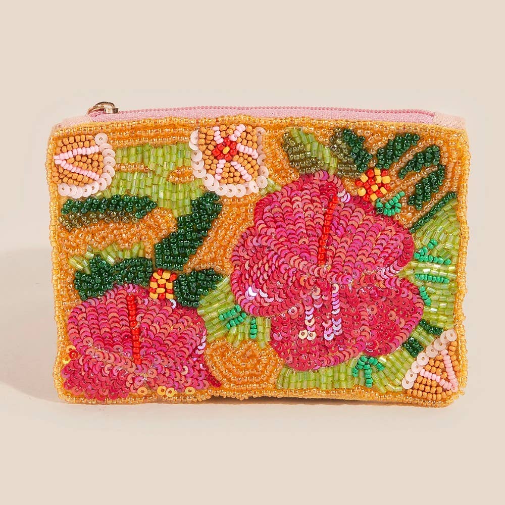 Handmade Floral Sequin And Seed Beaded Coin Purse
