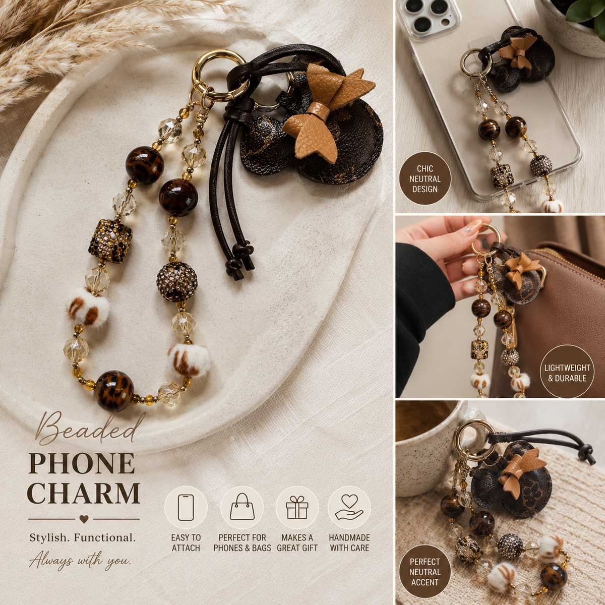 Brown Beaded Phone Charm Wrist Strap | Neutral Cell Phone Charm | Crystal & Faux Fur Phone Lanyard | Cute Bag Charm | Gift for Her