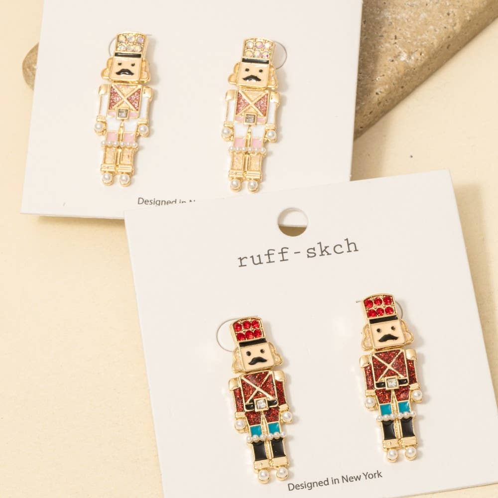 Christmas Glitter Enamel Nutcracker Drop Earrings: XMRDG