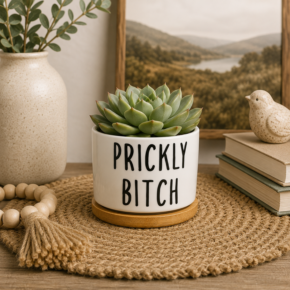 Prickly Bitch Succulent Pot | Witty 3 Inch Ceramic Planter with Bamboo Saucer | Cactus Pot | Snarky Plant Lover Gift