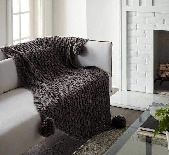 Pom Pom Sweater Knit Throw 50" x 60": IVORY
