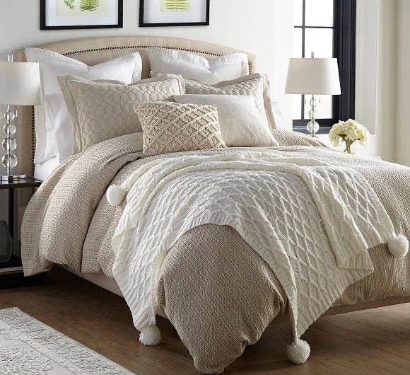 Pom Pom Sweater Knit Throw 50" x 60": IVORY