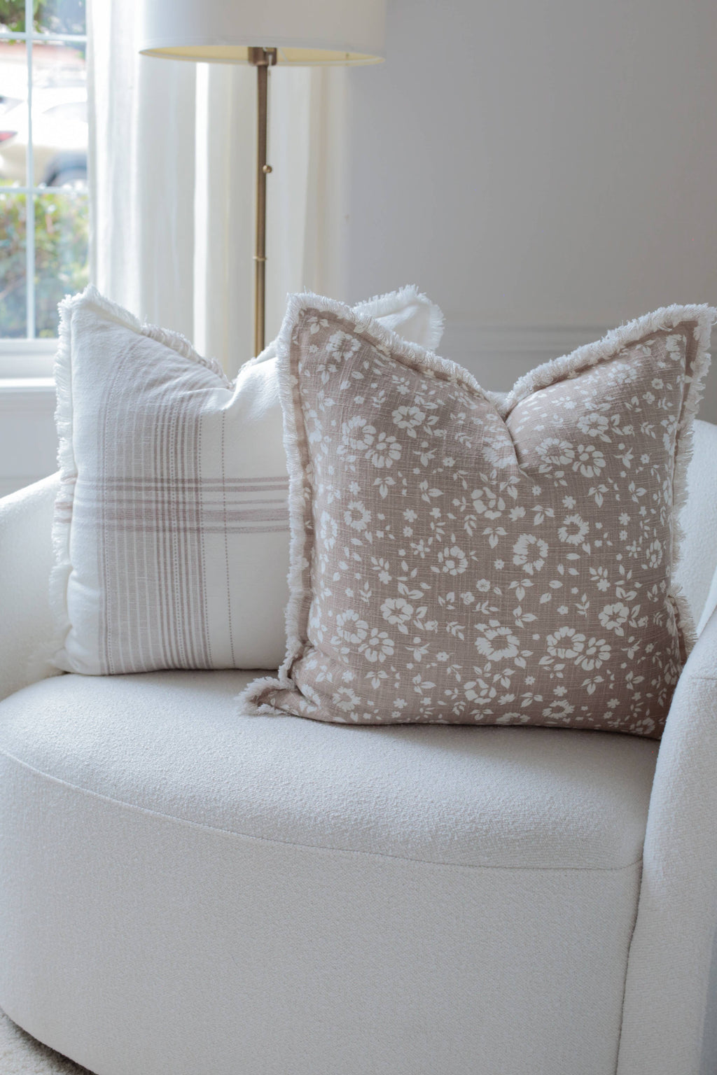 Floral Fringe Pillow Cover | Fleur + Fray Collection: Brown with White Floral PILLOW COVER ONLY