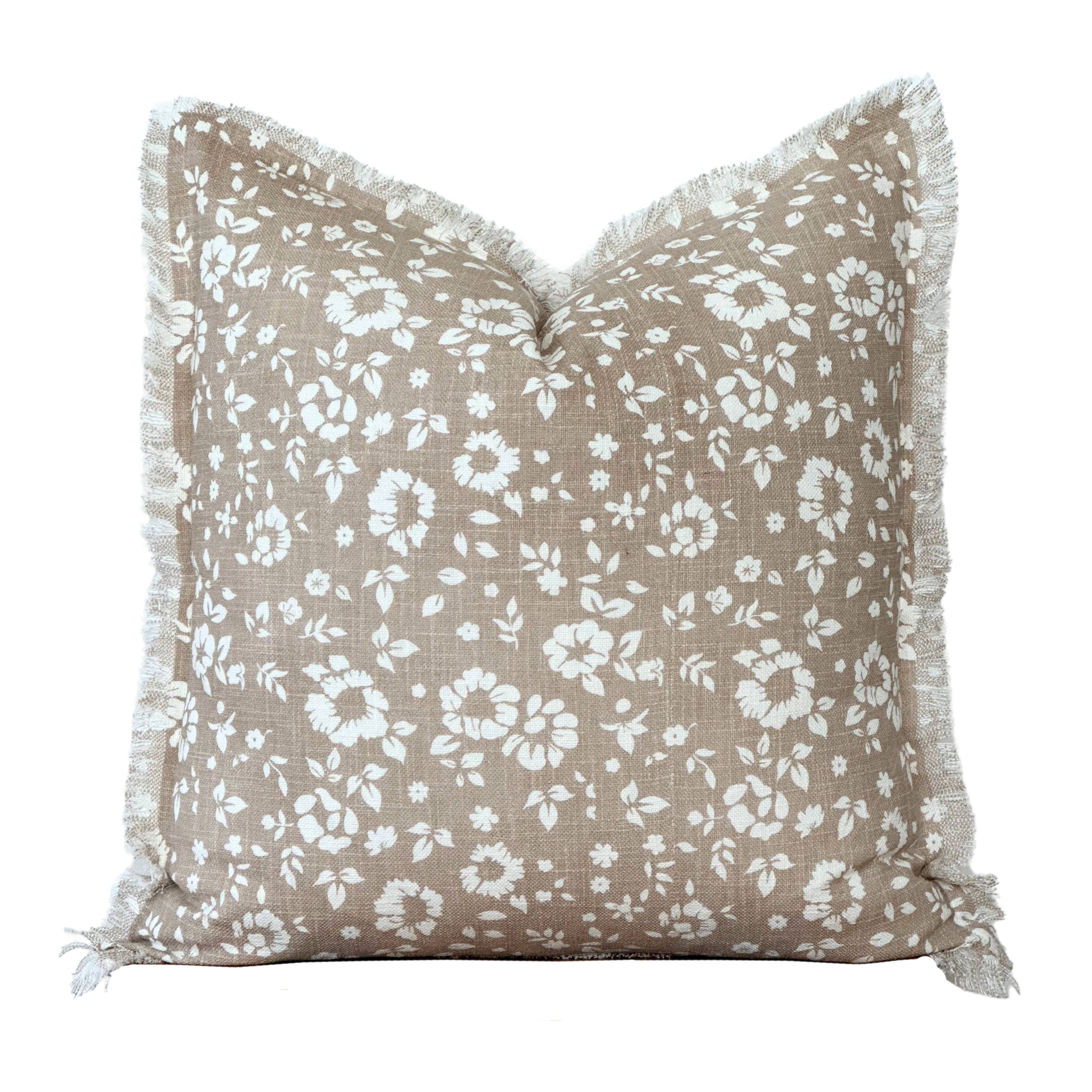 Floral Fringe Pillow Cover | Fleur + Fray Collection: Brown with White Floral PILLOW COVER ONLY