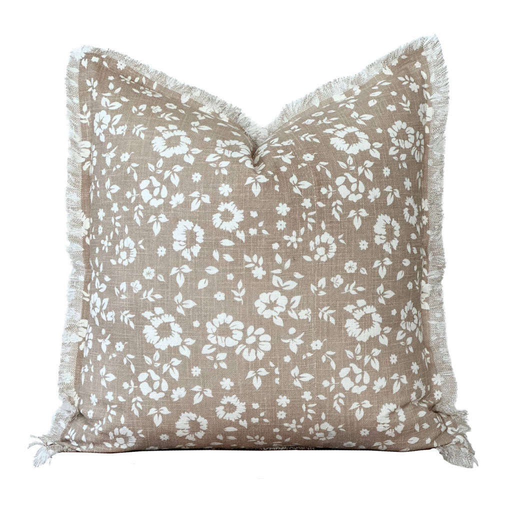 Floral Fringe Throw Pillow | Fleur + Fray Collection: White with Brown Floral PILLOW COVER ONLY