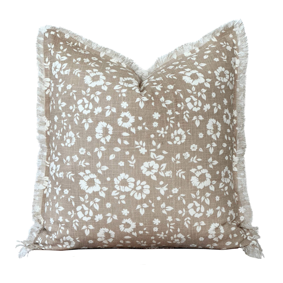 Floral Fringe Throw Pillow | Fleur + Fray Collection: White with Brown Floral