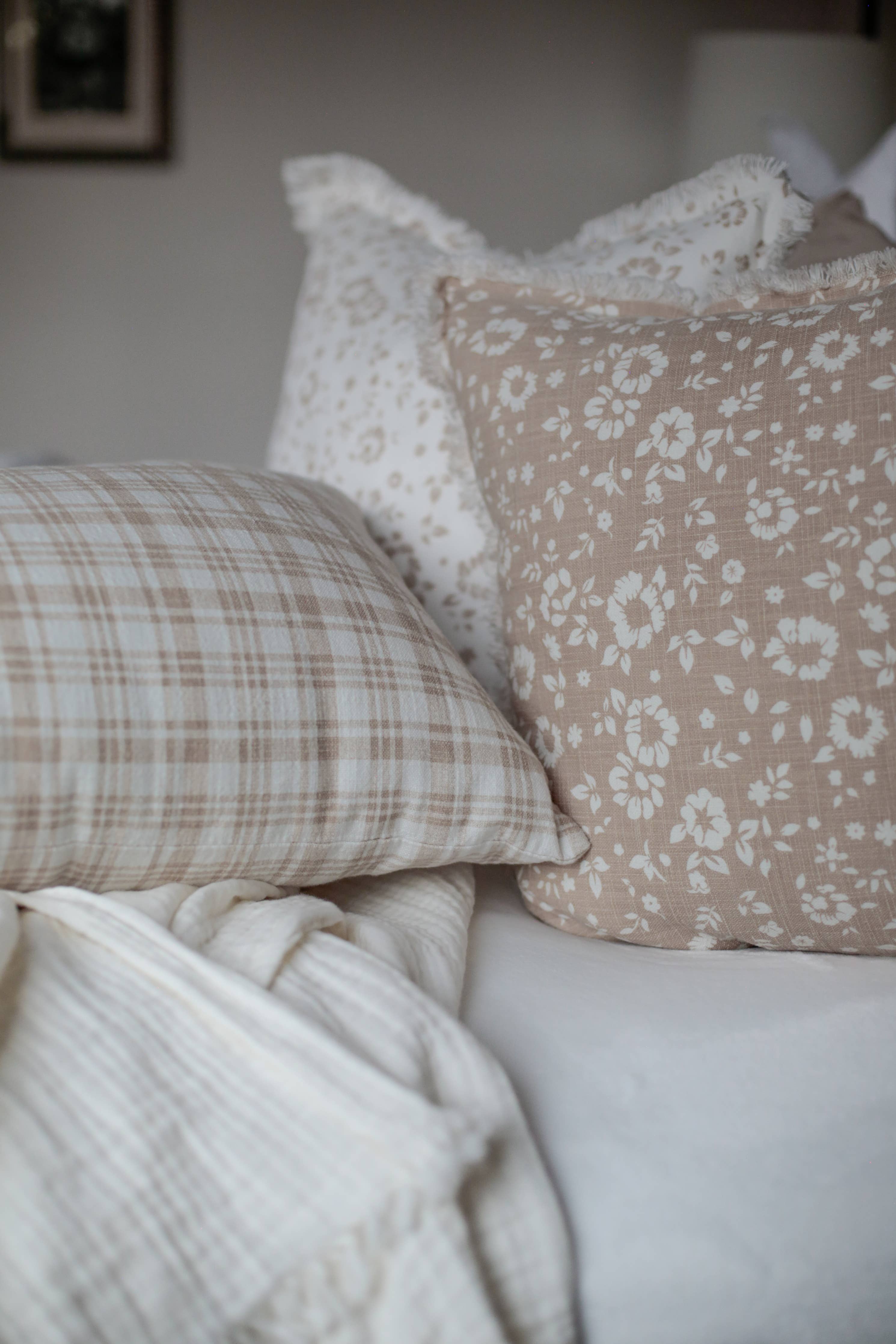 Floral Fringe Throw Pillow | Fleur + Fray Collection: White with Brown Floral PILLOW COVER ONLY