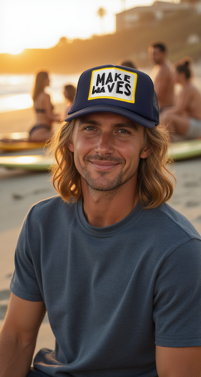 Make Waves Trucker Hat in Navy: Navy