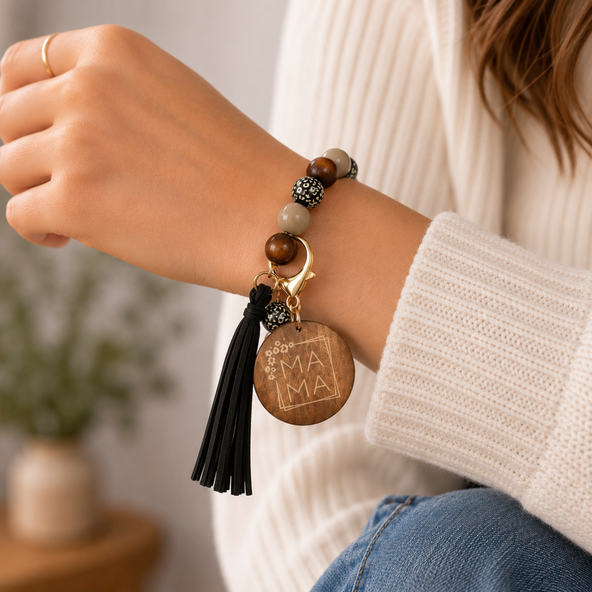 "Mama" Wood Bead Wristlet Keychain