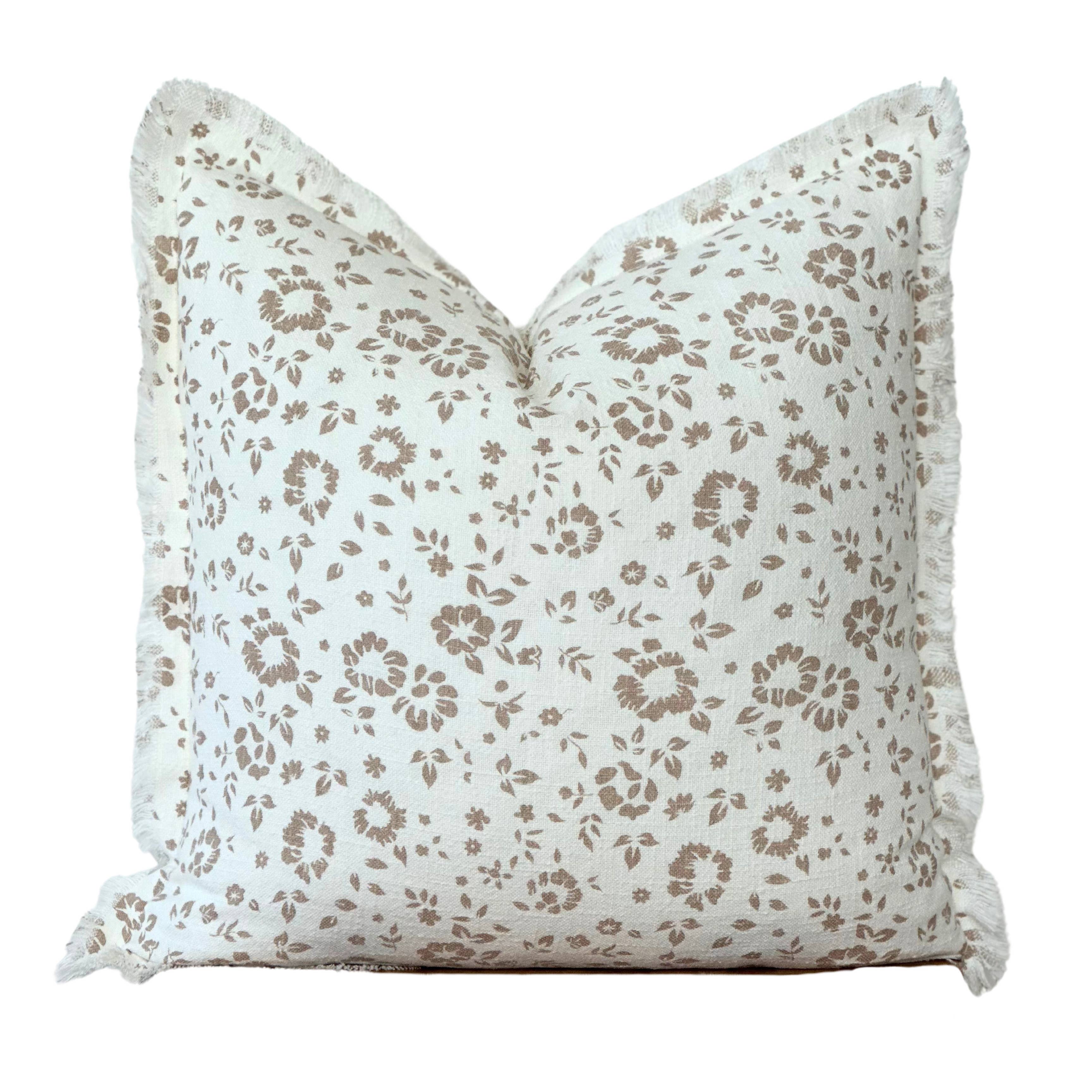 Floral Fringe Pillow Cover | Fleur + Fray Collection: Brown with White Floral PILLOW COVER ONLY