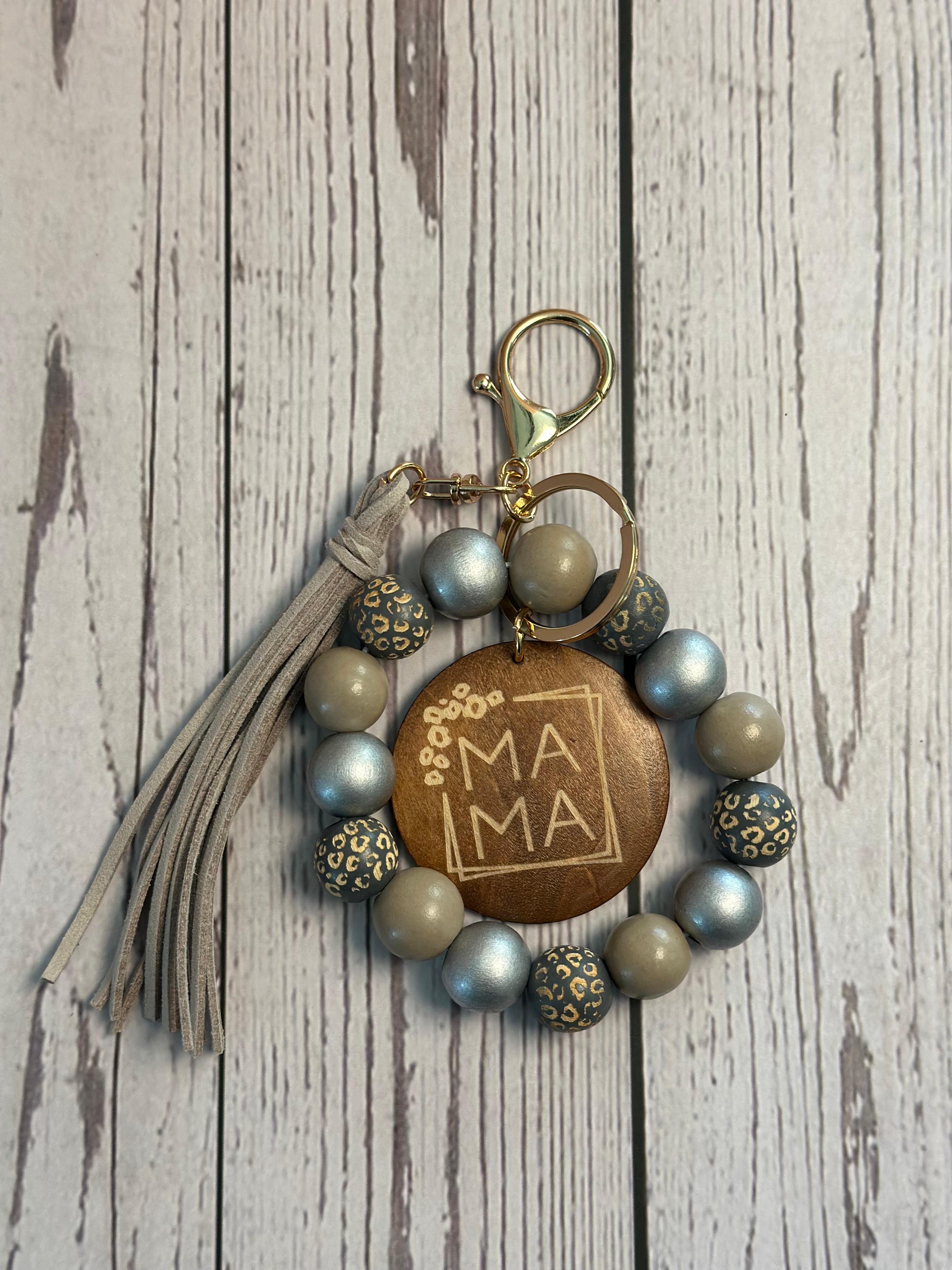 "Mama" Wood Bead Wristlet Keychain