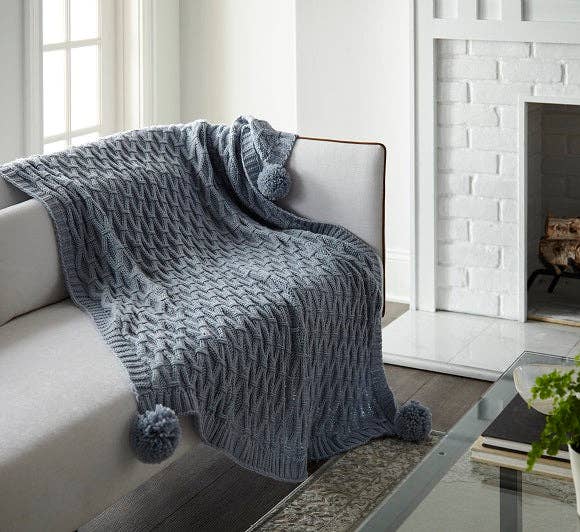 Pom Pom Sweater Knit Throw 50" x 60": SOFT BLUE