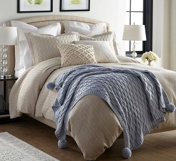 Pom Pom Sweater Knit Throw 50" x 60": SOFT BLUE