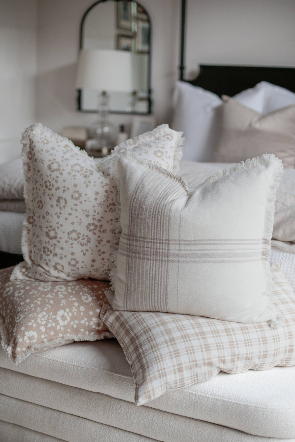 Floral Fringe Throw Pillow | Fleur + Fray Collection: White with Brown Floral PILLOW COVER ONLY