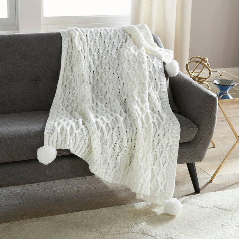 Pom Pom Sweater Knit Throw 50" x 60": IVORY