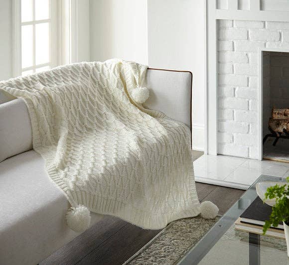 Pom Pom Sweater Knit Throw 50" x 60": SOFT BLUE