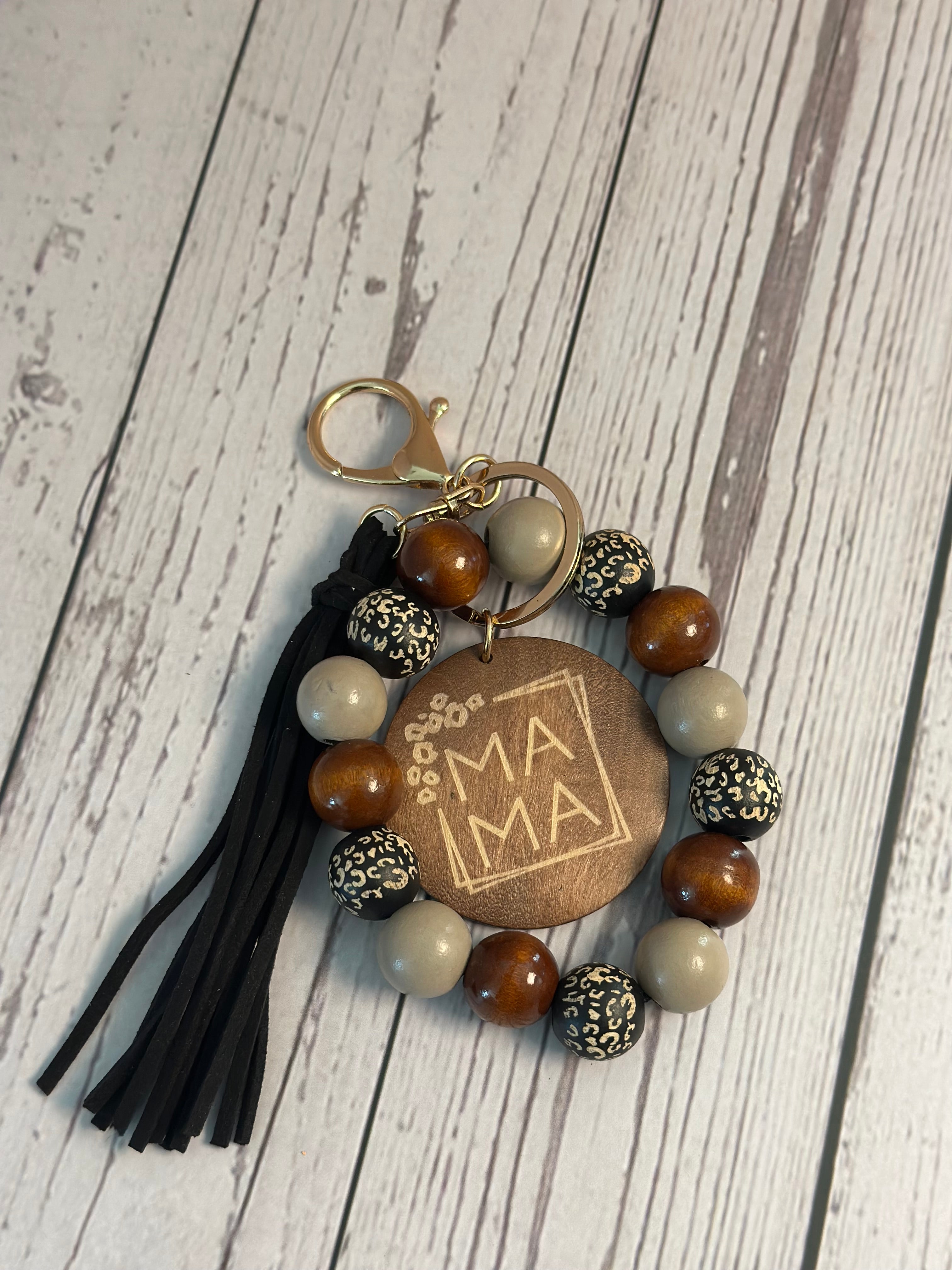 "Mama" Wood Bead Wristlet Keychain