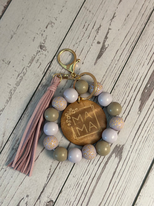 "Mama" Wood Bead Wristlet Keychain