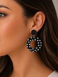 Classic Black Hollow Circle Retro Polka Dot Acrylic Women's Dangle Earrings, Ceramic Texture Cute & Elegant