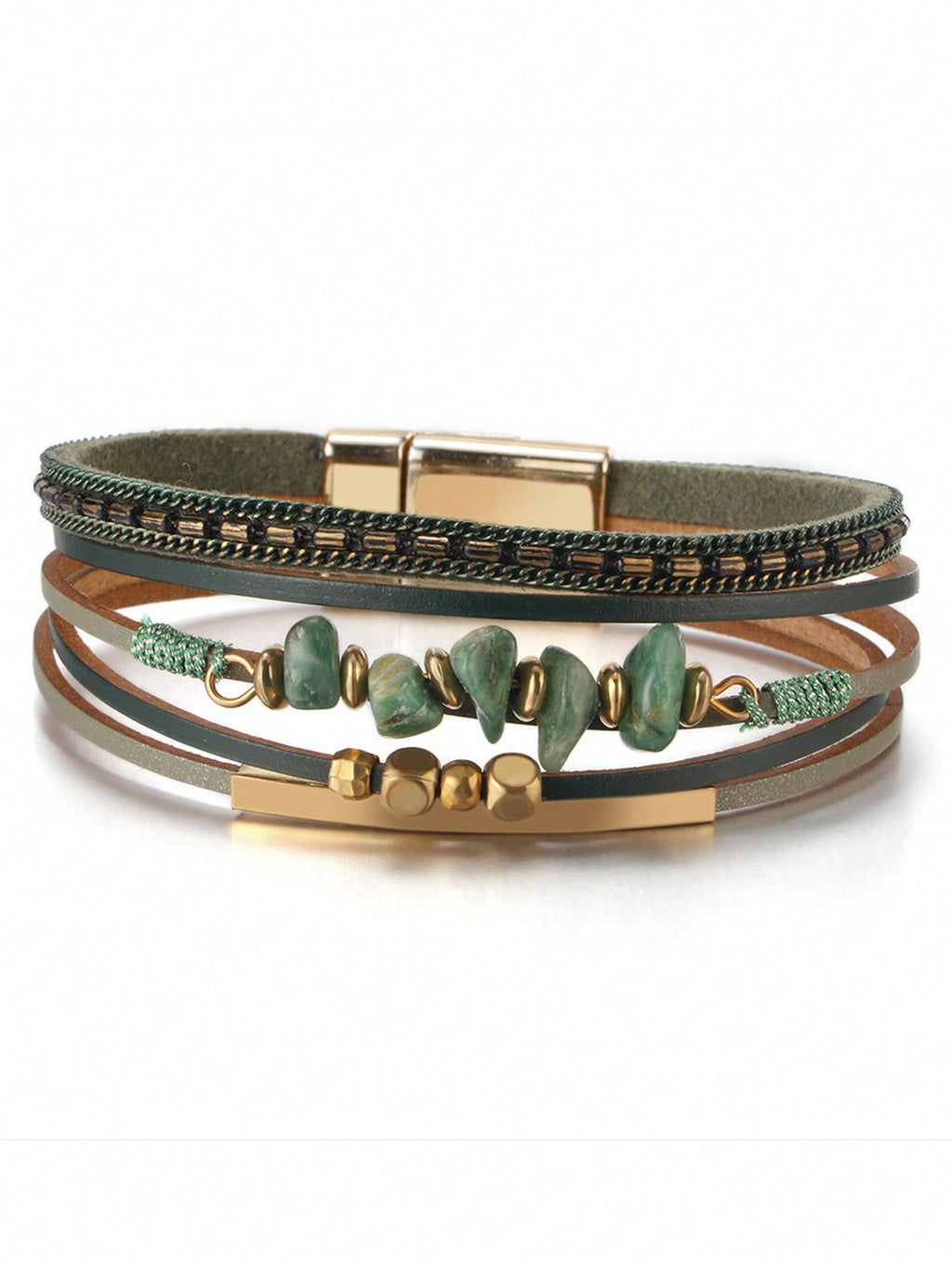 Women's Bohemian Style Bracelet, PU Leather Double Ring Steel Bead & Rhinestone Stack Design - Gold Leopard Crisscross