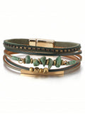 Women's Bohemian Style Bracelet, PU Leather Double Ring Steel Bead & Rhinestone Stack Design - Gold Leopard Crisscross