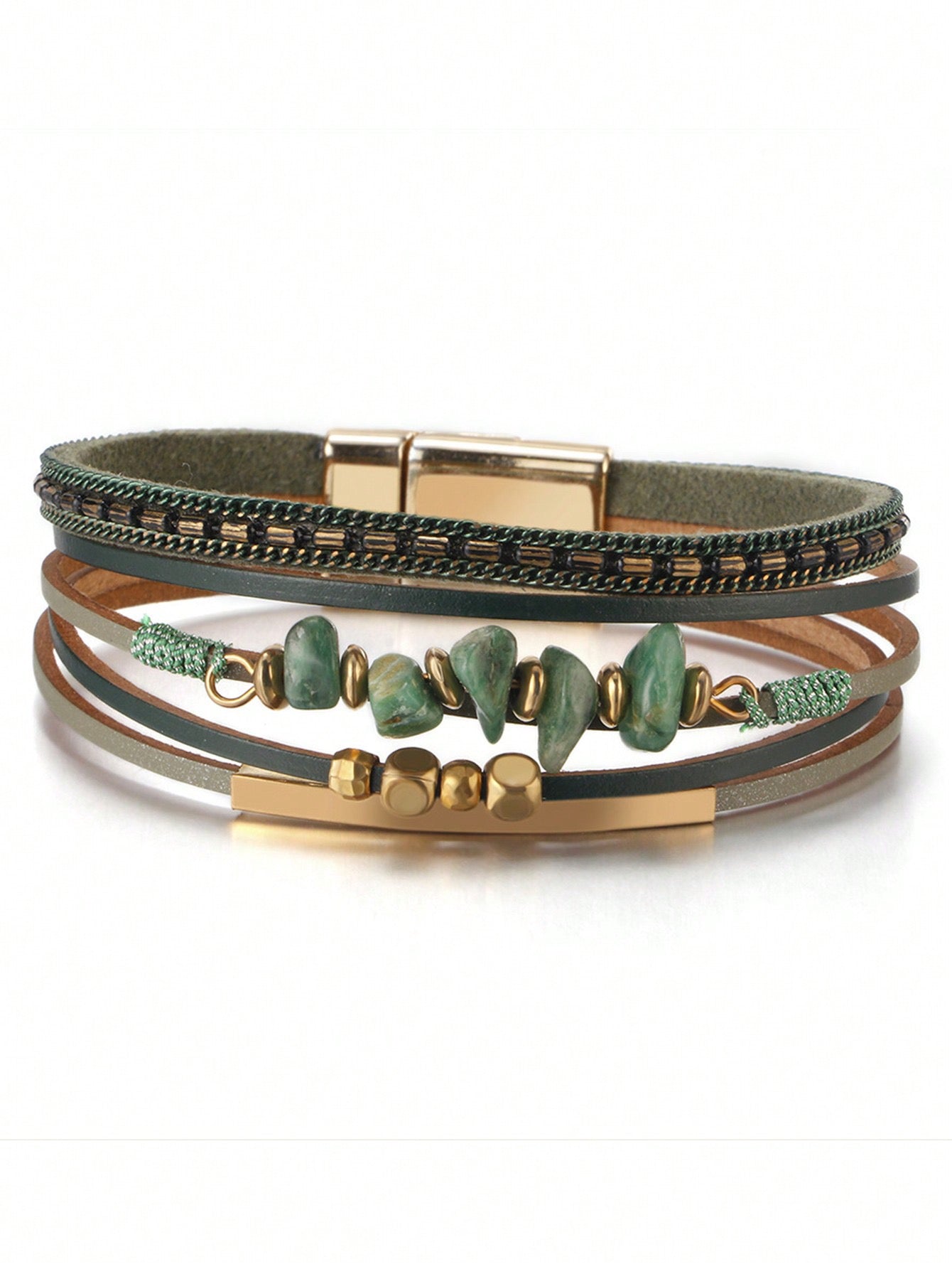 Women's Bohemian Style Bracelet, PU Leather Double Ring Steel Bead & Rhinestone Stack Design - Gold Leopard Crisscross
