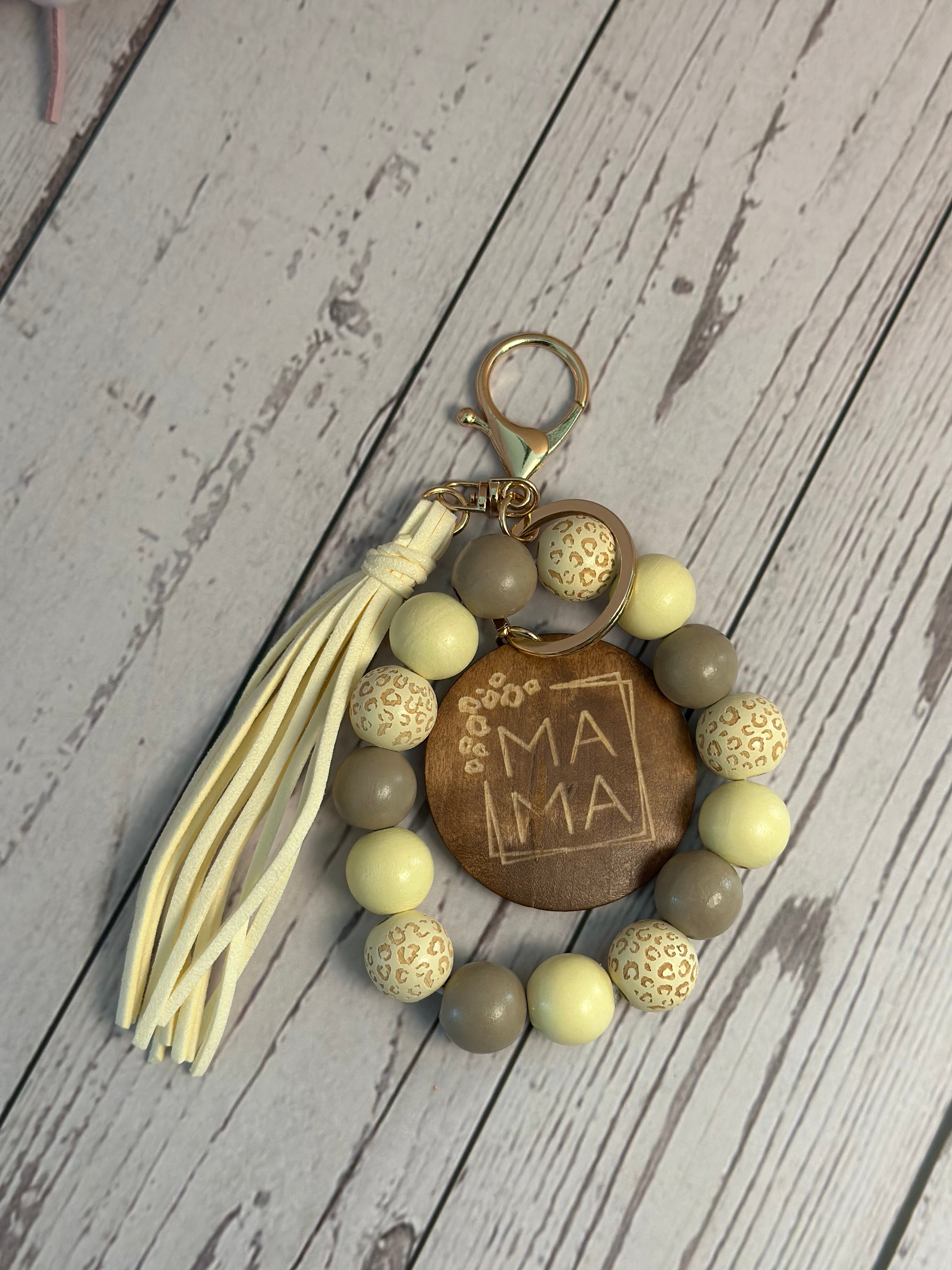 "Mama" Wood Bead Wristlet Keychain