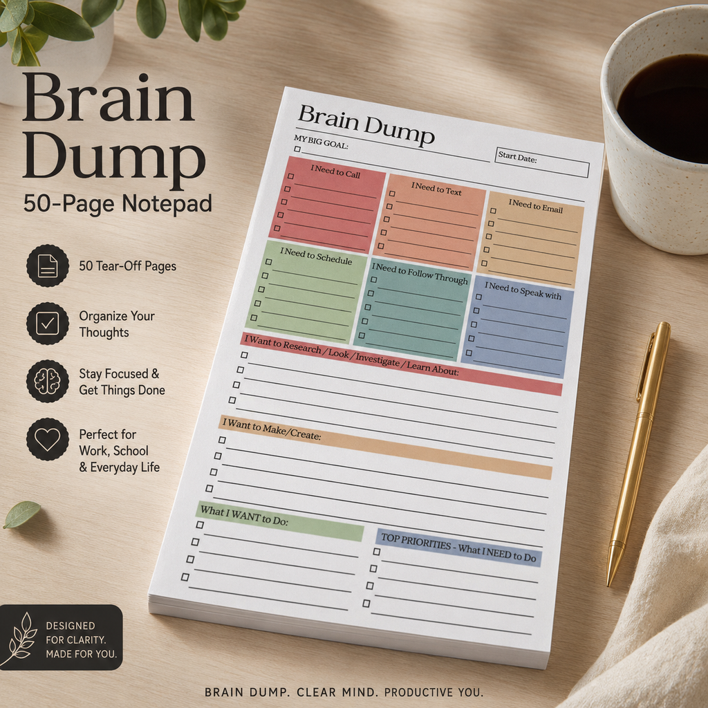 Brain Dump Notepad 50 Pages | Productivity Planner | ADHD Organization Pad | Daily Task List | Goal & Priority Tracker
