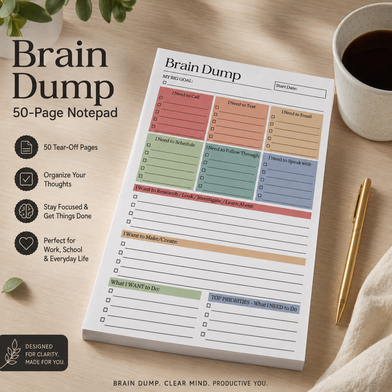 Brain Dump Notepad 50 Pages | Productivity Planner | ADHD Organization Pad | Daily Task List | Goal & Priority Tracker