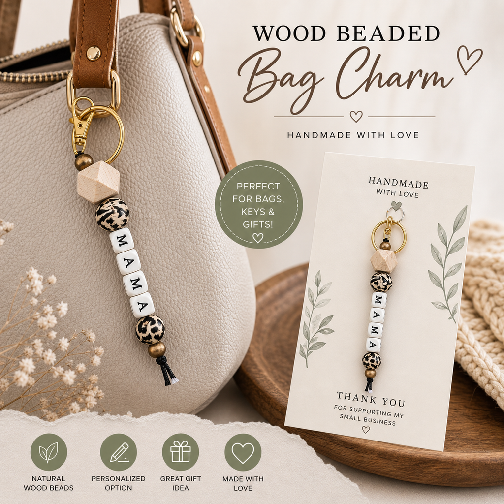 Personalized Wood Beaded Keychain Bag Charm