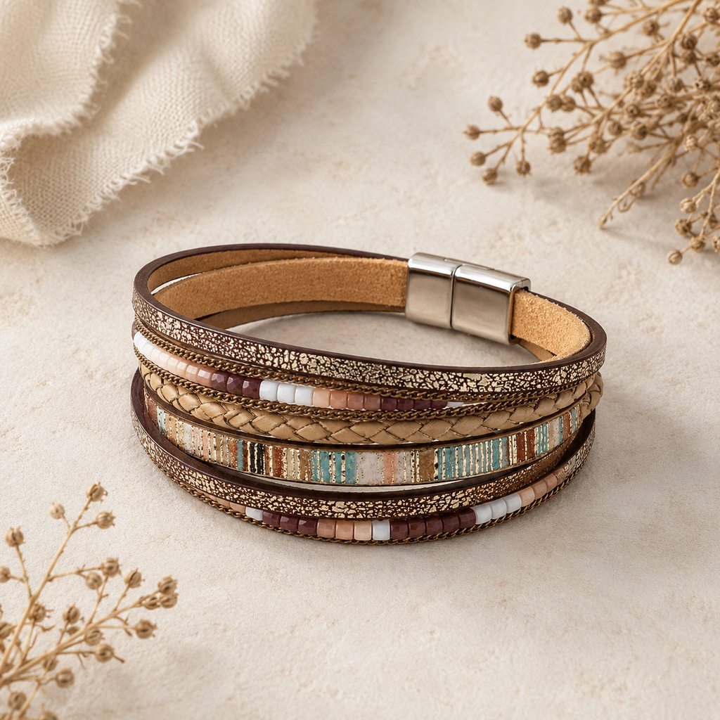 Turquoise and Brown Leather and Faceted Stone Bead Magnetic Clasp Bracelet