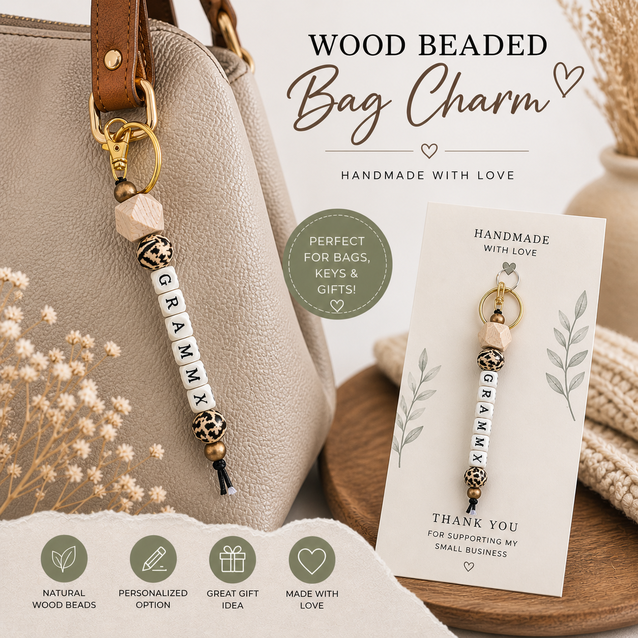 Personalized Wood Beaded Keychain Bag Charm