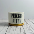 White pot with 'PRICKLY BITCH' text on a wooden surface