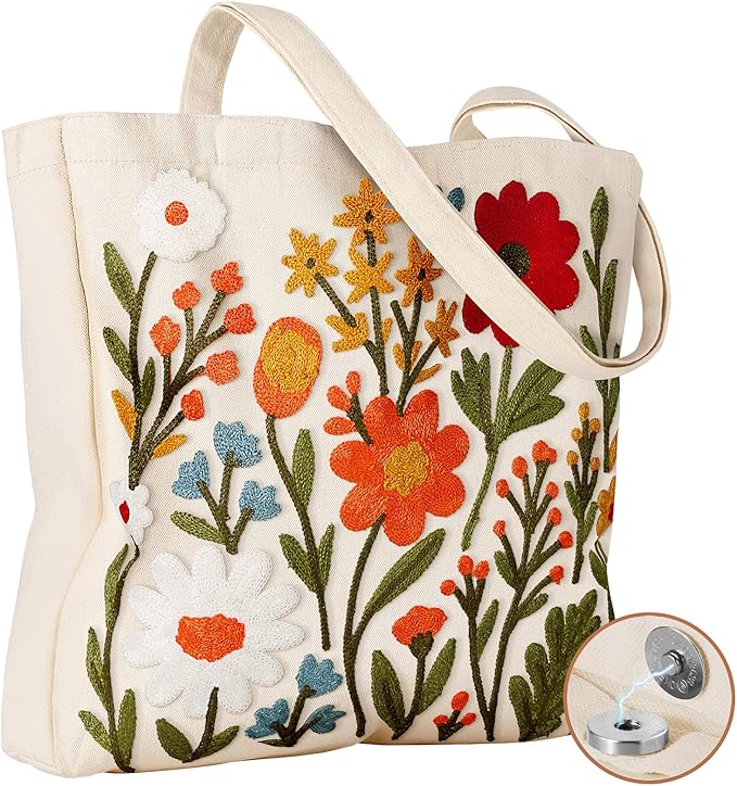 Floral Cluster Embroidered Canvas Tote Bag (spring, mothers day, gifts)
