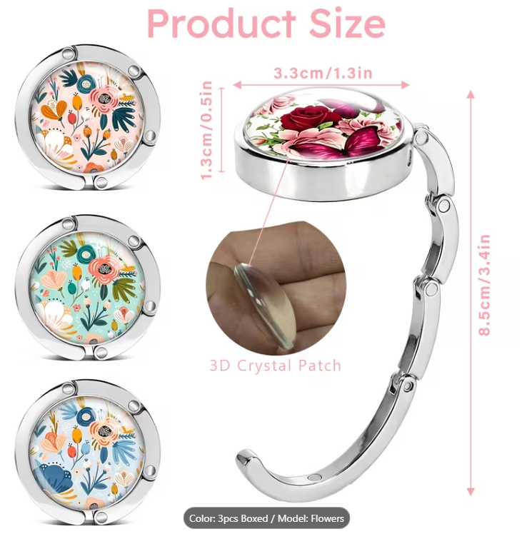 Boho Floral Purse Hook Set with Gift Box, foldable Metal Table Bag Hanger, Pastel Folk Flower Print Portable Handbag Holder, Luxury Gift for Women