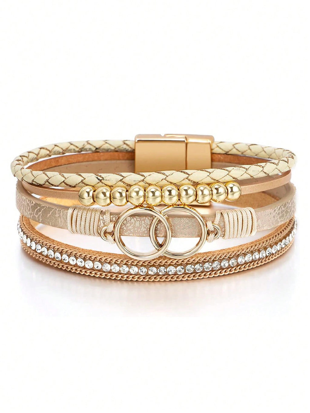 Women's Bohemian Style Bracelet, PU Leather Double Ring Steel Bead & Rhinestone Stack Design