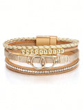 Women's Bohemian Style Bracelet, PU Leather Double Ring Steel Bead & Rhinestone Stack Design