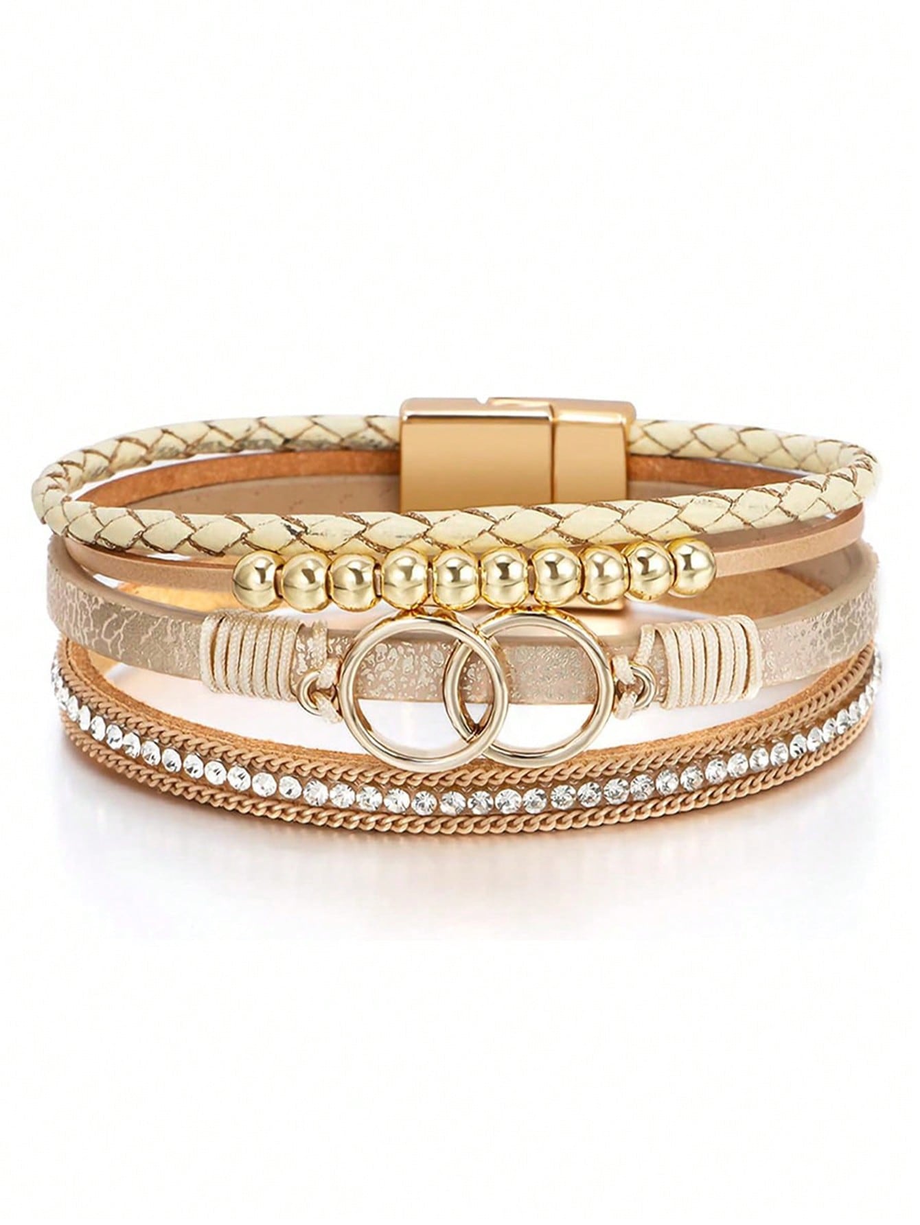Women's Bohemian Style Bracelet, PU Leather Double Ring Steel Bead & Rhinestone Stack Design
