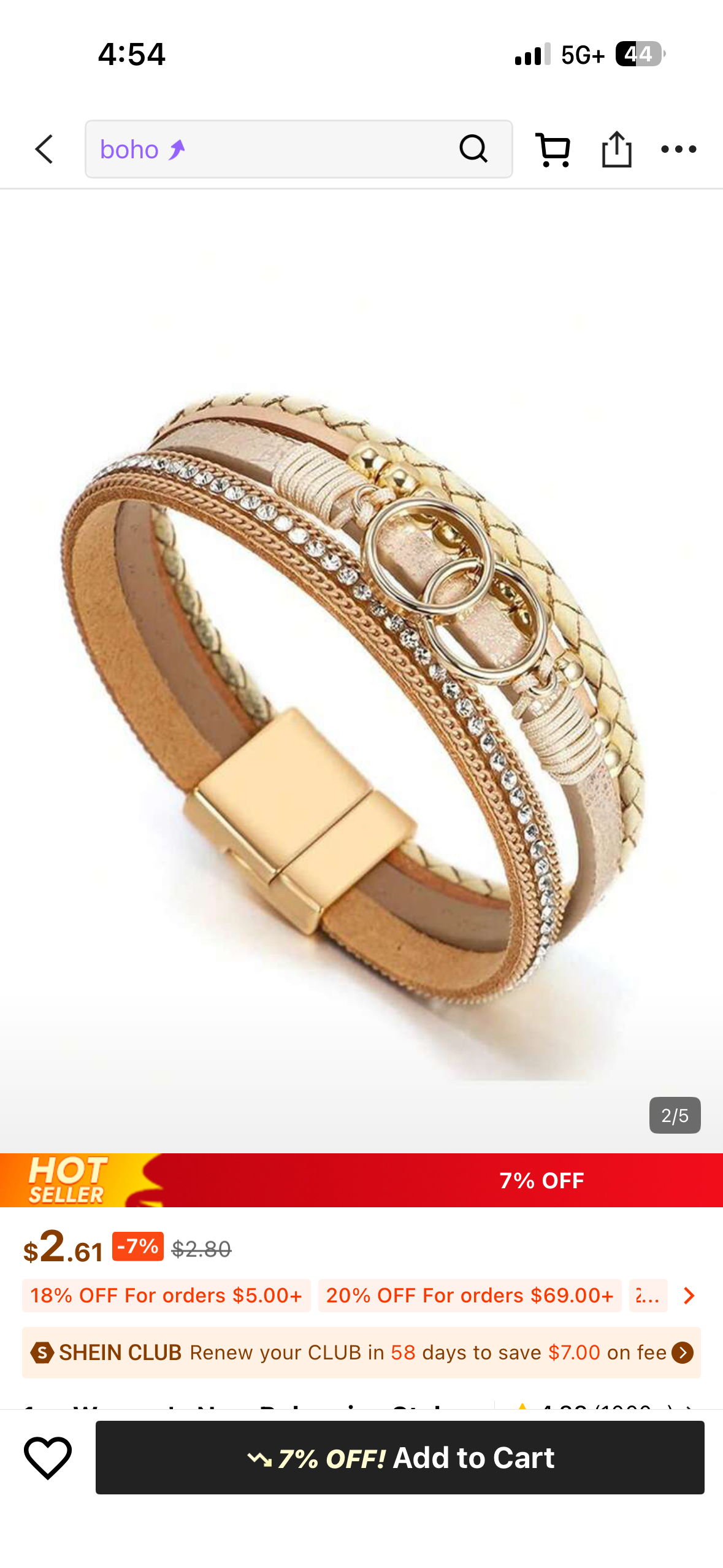 Women's Bohemian Style Bracelet, PU Leather Double Ring Steel Bead & Rhinestone Stack Design