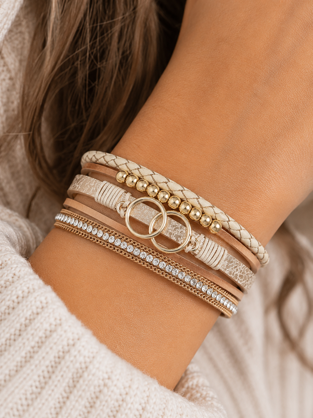 Ivory and Gold Bead Leather Stacked Bracelet