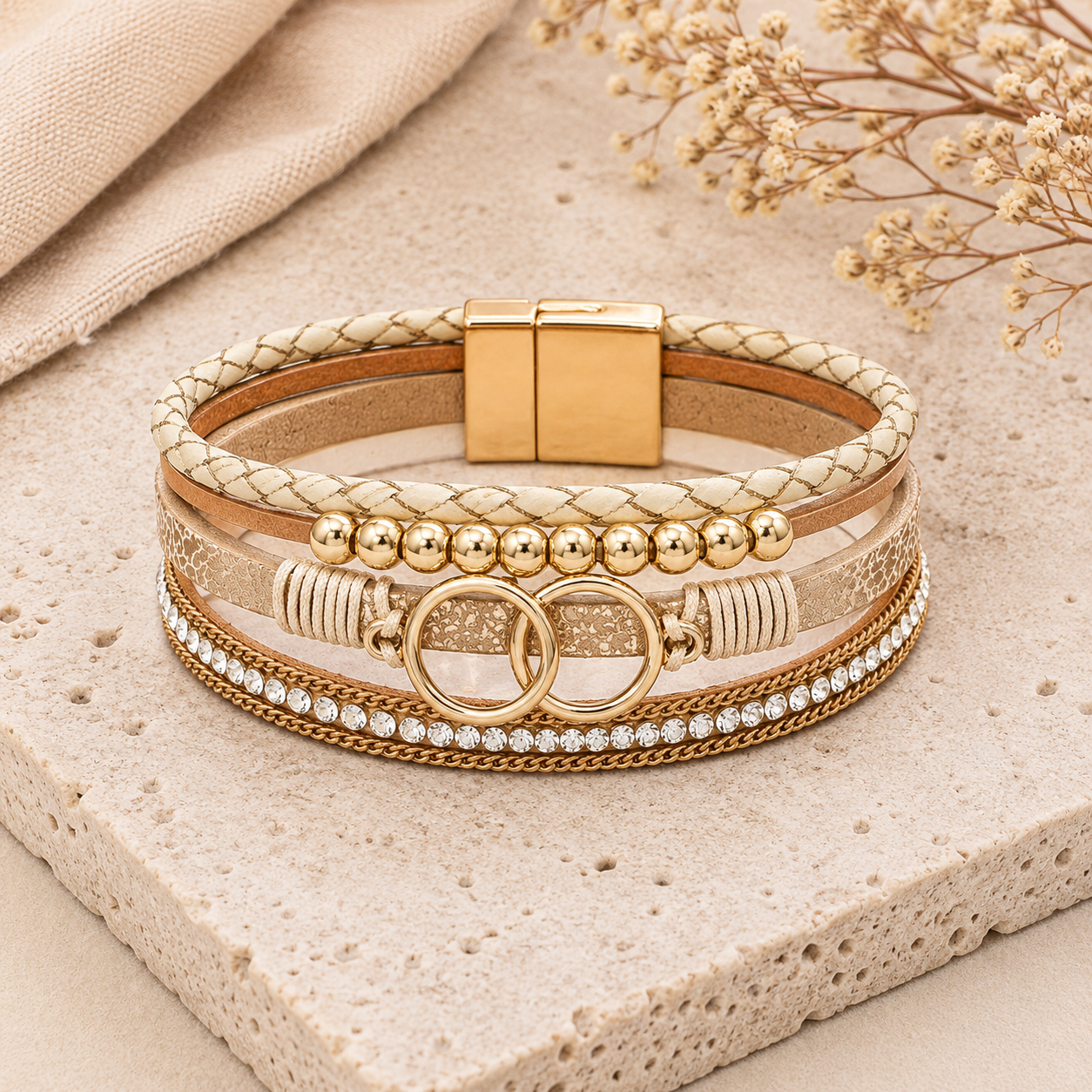 Ivory and Gold Bead Leather Stacked Bracelet