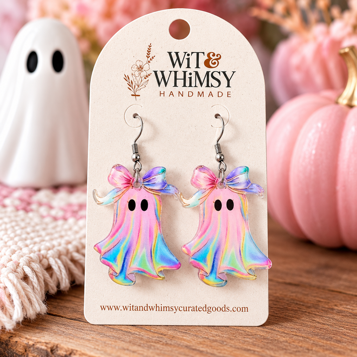 Handmade Halloween Ghost Earrings | Pastel Rainbow Ghost Earrings
