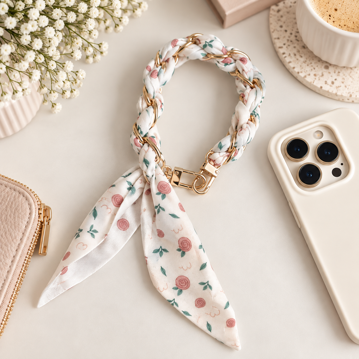 Rose Satin Scarf Phone Wrist Strap & Bag Charm | Floral Wristlet | Purse Charm | Stylish Phone Accessory | Gift for Her