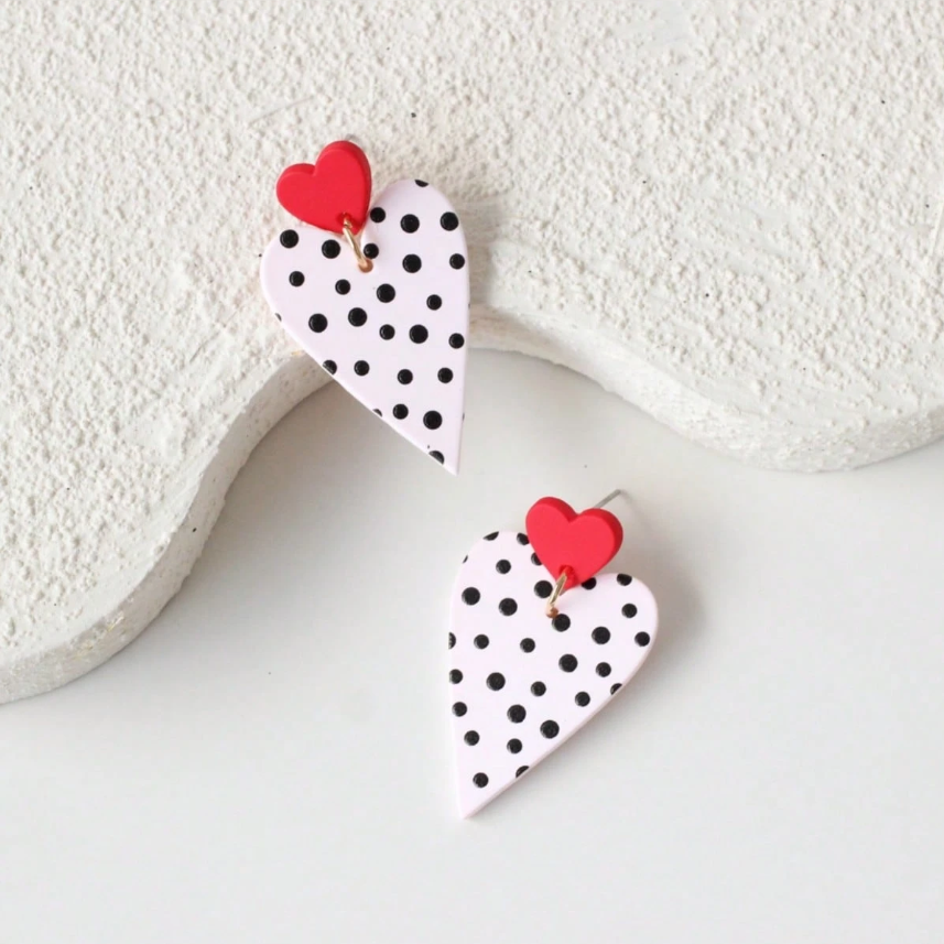 Pink Polka Dot Clay Heart Earrings