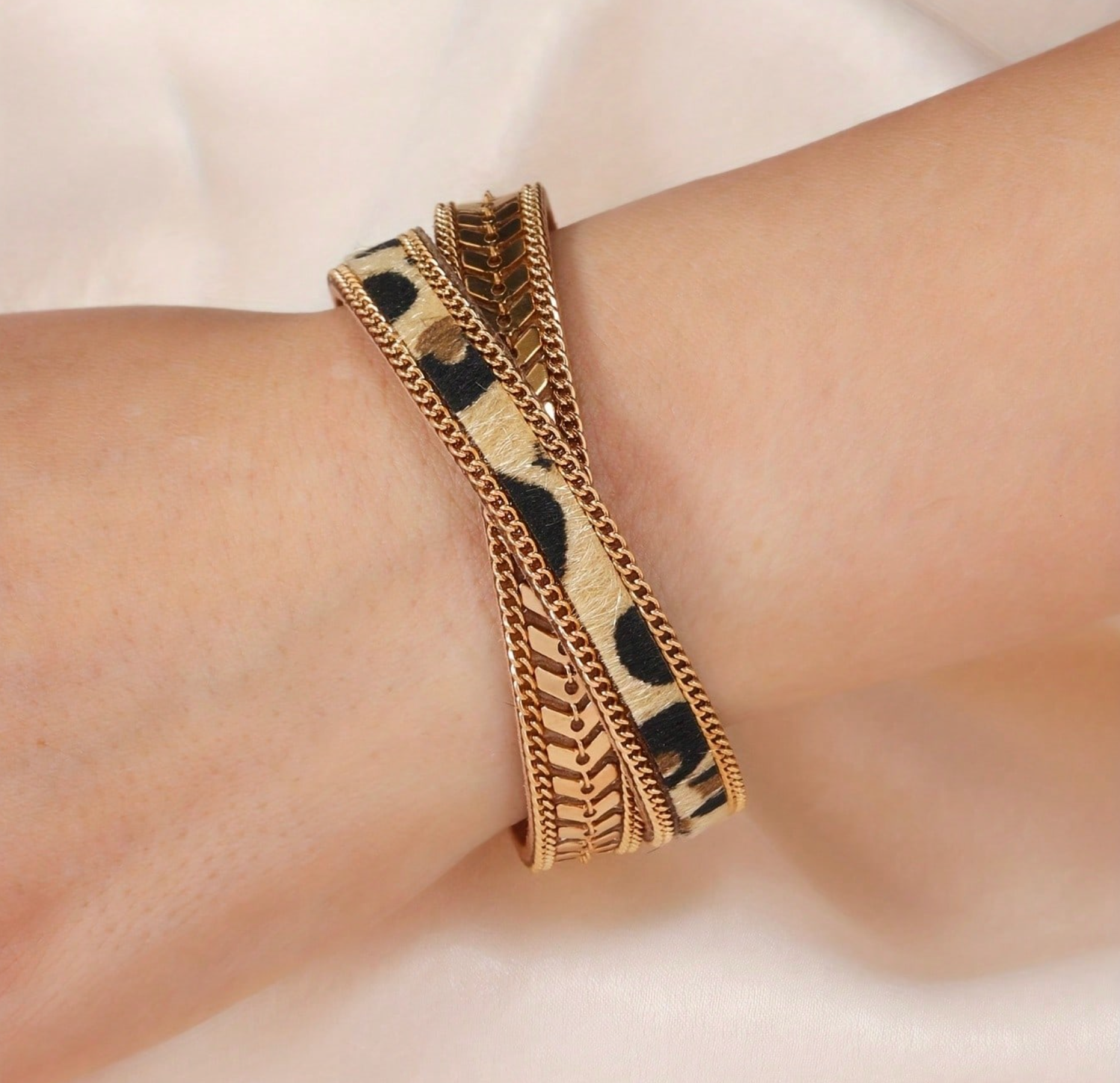 Leopard Print Gold Crisscross Bohemian Style Bracelet, Leather and Gold Chain Magnetic Bracelet