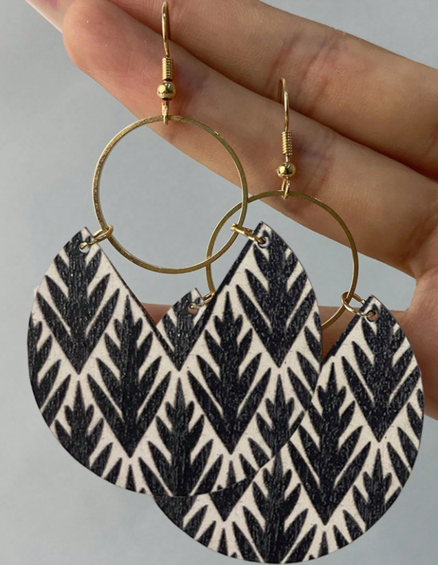 Black Leaf Geometric Wooden Shaped Earrings | Boho Chic Earrings