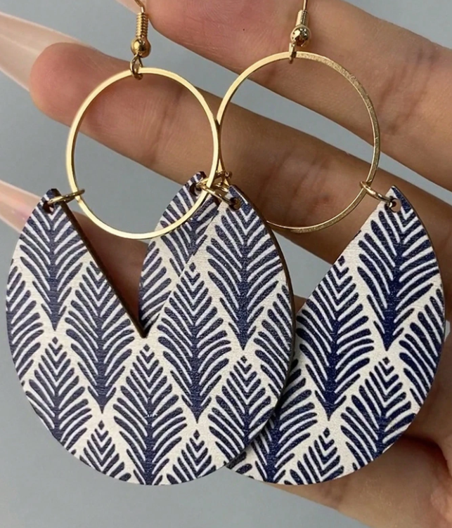 Blue Leaf Geometric Wooden Shaped Earrings | Boho Chic Earrings